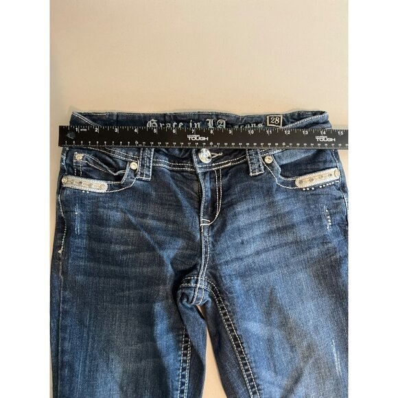 Grace in LA Jeans Sz 9/28 Flare 90s Y2K Low Rise Blinged Out Jeans Flap Pockets - Picture 6 of 9